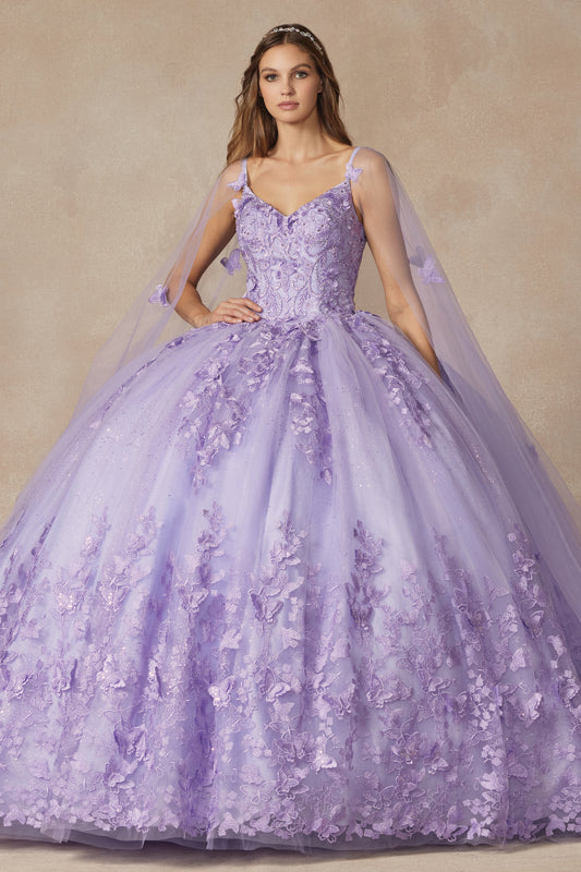 3D Butterfly Appliques Strapless Bodice Cape Long Quinceanera Dress JT1442
