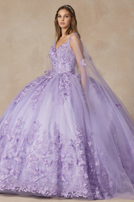 3D Butterfly Appliques Strapless Bodice Cape Long Quinceanera Dress JT1442
