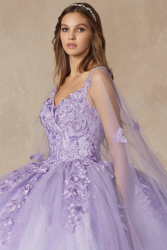 3D Butterfly Appliques Strapless Bodice Cape Long Quinceanera Dress JT1442