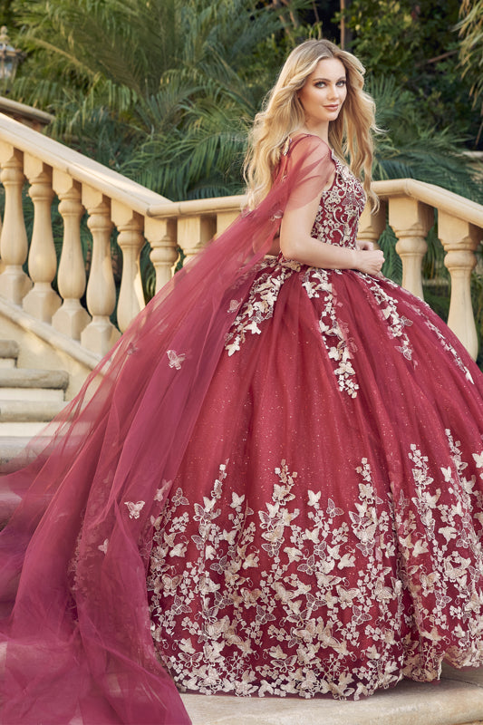 3D Butterfly Appliques Strapless Bodice Cape Long Quinceanera Dress JT1442