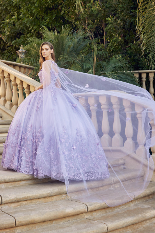 3D Butterfly Appliques Strapless Bodice Cape Long Quinceanera Dress JT1442